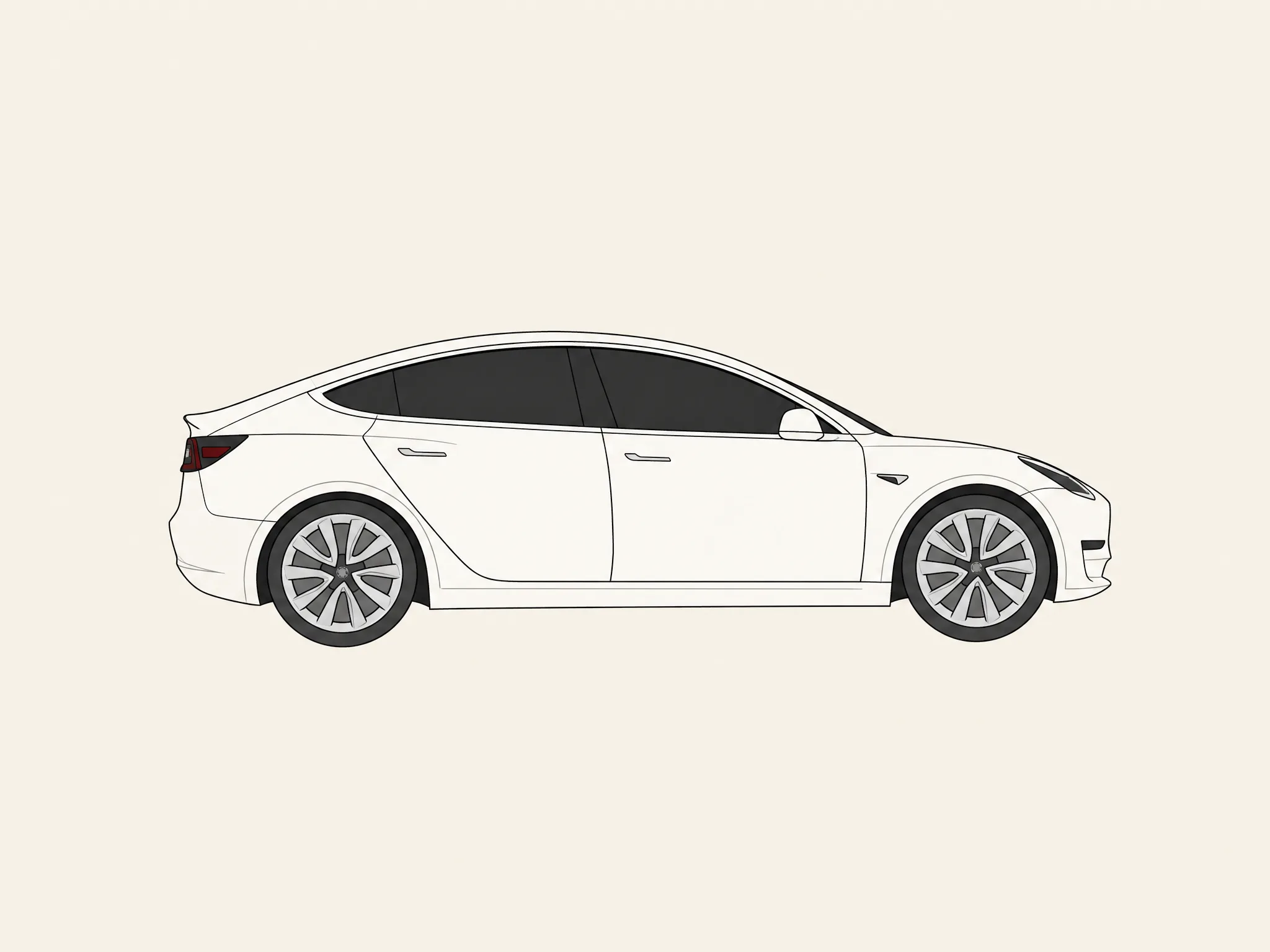 Ilustração de um Tesla Model 3, perfil lateral em estilo vetorial plano